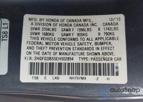 2014 Honda Civic Lx из США, поврежденный, VIN 2HGFG3B55EH502894